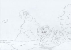 Size: 1024x724 | Tagged: safe, artist:wasnttheredonenothing, derpibooru import, oc, oc:aurora pinfeathers, oc:ginger dressage, pegasus, unicorn, fallout equestria, fallout equestria: renewal, cloud, fanfic art, flying, lineart, mare in the moon, monochrome, moon, night, pony ride, riding, romantic, sketch, sky, smiling, traditional art