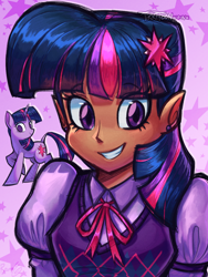 Size: 1000x1328 | Tagged: safe, artist:toon-o-clock, derpibooru import, twilight sparkle, unicorn twilight, human, pony, unicorn, elf ears, female, grin, human ponidox, humanized, leonine tail, mare, self paradox, self ponidox, smiling, tail