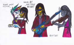 Size: 1704x1044 | Tagged: safe, artist:karadeg, derpibooru import, octavia melody, rarity, oc, oc:karadeg, human, pony, unicorn, equestria girls, alternate hairstyle, electric guitar, guitar, holding a pony, musical instrument, punk, raripunk, traditional art, violin