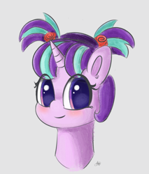 Size: 1637x1920 | Tagged: safe, artist:limitmj, derpibooru import, starlight glimmer, pony, unicorn, bust, female, filly, filly starlight glimmer, foal, pigtails, pink background, simple background, smiling, solo, younger