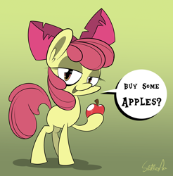 Size: 1256x1278 | Tagged: safe, artist:slitherpon, derpibooru import, apple bloom, earth pony, pony, apple, bedroom eyes, buy some apples, female, food, gradient background, moody mark crusaders, solo, speech bubble