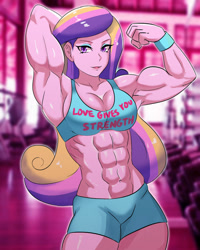 Size: 800x1000 | Tagged: safe, artist:tzc, derpibooru import, dean cadance, princess cadance, equestria girls, abs, arm behind head, armpits, belly button, breasts, commission, dean ca-dense, female, fetish, flexing, gym, looking at you, muscle fetish, muscles, muscular female, princess ca-dense