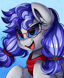 Size: 1446x1764 | Tagged: safe, artist:pridark, derpibooru import, oc, oc only, oc:cinnabyte, earth pony, pony, bandana, blue background, dedication, determine, determined, female, glasses, head, mare, neckerchief, open mouth, pigtails, simple background, smiling, solo