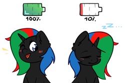 Size: 3300x2207 | Tagged: safe, artist:sb66, derpibooru import, oc, oc:thinkpony, pony, unicorn, battery, commission, female, low battery, mare, onomatopoeia, sleepy, sound effects, ych result, your character here, zzz