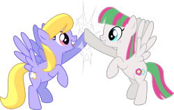 Size: 7624x4809 | Tagged: safe, artist:thatusualguy06, derpibooru import, blossomforth, cloud kicker, pegasus, pony, .svg available, absurd resolution, duo, duo female, female, flying, grin, hoofbump, looking at each other, mare, open mouth, open smile, simple background, smiling, transparent background, vector