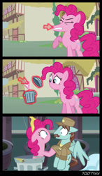 Size: 1288x2206 | Tagged: safe, derpibooru import, edit, edited screencap, editor:teren rogriss, screencap, pinkie pie, earth pony, pegasus, pony, magic duel, secrets and pies, cursor, disembodied mouth, garbage bin, janitor, no mouth, no nose, trash, trash can, unnamed character, unnamed pony