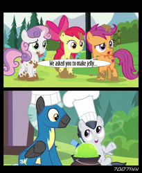 Size: 1288x1572 | Tagged: safe, derpibooru import, edit, edited screencap, editor:teren rogriss, screencap, apple bloom, rumble, scootaloo, smooze, sweetie belle, thunderlane, earth pony, pegasus, pony, unicorn, marks and recreation, chef's hat, clothes, cutie mark crusaders, hat, mud, muddy, pot, uniform, wonderbolts uniform