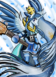 Size: 3800x5230 | Tagged: safe, artist:pridark, derpibooru import, oc, oc only, oc:princess argenta, alicorn, pony, alicorn oc, argentina, clothes, electric guitar, guitar, horn, musical instrument, nation ponies, ponified, rock (music), rock star, socks, solo, spiked wristband, wings, wristband
