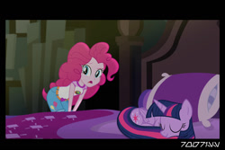 Size: 1288x858 | Tagged: safe, derpibooru import, edit, edited screencap, editor:teren rogriss, screencap, pinkie pie, twilight sparkle, twilight sparkle (alicorn), alicorn, pony, equestria girls, legend of everfree, bed, bedroom, clothes, jewelry, pillow, sci-twi's room, shorts, sleeping