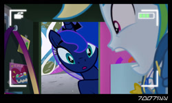 Size: 1288x778 | Tagged: safe, derpibooru import, edit, edited screencap, editor:teren rogriss, screencap, princess luna, rainbow dash, alicorn, better together, do it for the ponygram!, equestria girls, camera shot, lockers, moon, scaredy dash, screaming, surprised