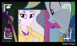 Size: 1288x778 | Tagged: safe, derpibooru import, edit, edited screencap, editor:teren rogriss, screencap, princess celestia, principal celestia, rainbow dash, better together, do it for the ponygram!, equestria girls, camera shot, lockers, princess molestia, scaredy dash, screaming