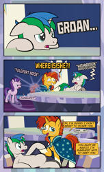 Size: 4724x7795 | Tagged: safe, artist:alexdti, derpibooru import, starlight glimmer, sunburst, oc, oc:marco, pony, unicorn, comic:quest for friendship, clothes, female, glasses, magic, male, open mouth, robe, speech bubble, trio, twilight's castle