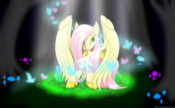 Size: 3800x2350 | Tagged: safe, artist:bludraconoid, derpibooru import, fluttershy, butterfly, pegasus, pony, animal, crepuscular rays, crying, cute, dark, female, flower, forest, glowing mushroom, grass, lying, lying down, mare, mushroom, prone, shyabetes, simple background, smiling, solo, spotlight, spread wings, tree, wings