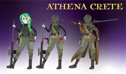 Size: 9872x5833 | Tagged: safe, artist:miipack603, derpibooru import, oc, oc only, oc:athena crete, human, fallout equestria, fanfic:fallout equestria: lone ranger, absurd resolution, anti-materiel rifle, armor, badass, bag, boots, bracer, breastplate, clothes, combat boots, desert ranger, duster, fanfic art, female, fimfiction, frown, gradient background, greaves, gun, handgun, harness, holster, humanized, humanized oc, jacket, leather jacket, looking at you, multicolored hair, pauldron, pipbuck, post-apocalyptic, pouch, pre-war, ranger sequoia, revolver, shoes, solo, speedloader, stern, sword, tack, title, weapon