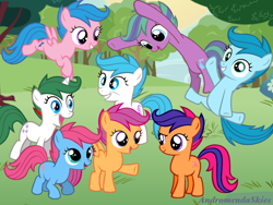 Size: 1024x768 | Tagged: safe, artist:andromendaskies, derpibooru import, baby cuddles, baby firefly, baby gusty, ember (g1), scootaloo, scootaloo (g3), earth pony, pegasus, pony, unicorn, g1, g3, g4, baby, baby flyabetes, baby gustybetes, baby pony, baby sleepy pie, cuddlebetes, cute, cutealoo, dreamworks face, ember (blue), female, filly, flying, foal, freestyle, g1 emberbetes, g1 to g4, g3 cutealoo, g3 to g4, generation leap, generations, grin, jumping, open mouth, open smile, outdoors, raised leg, recolor, scooter sprite, scooterbetes, sleepydorable, smiling, talking