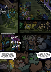 Size: 2408x3400 | Tagged: safe, artist:tarkron, derpibooru import, oc, changeling, diamond dog, earth pony, hybrid, pegasus, pony, undead, unicorn, comic:fusing the fusions, comic:time of the fusions, argument, ballgag, bondage, bound and gagged, changeling oc, clothes, combat, comic, commissioner:bigonionbean, crying, cutie mark, dialogue, eyepatch, female, fight, friendship express, frightened, gag, glasses, gold, guard, horn, horrified, male, mare, pack, panel, panic, panicking, rain, random pony, royal guard, scared, shocked, soldier, soldier pony, stallion, storm, teary eyes, tied up, train, train car, wings, wrestling, writer:bigonionbean