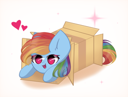 Size: 2250x1700 | Tagged: safe, artist:miryelis, derpibooru import, rainbow dash, pegasus, pony, box, cute, dashabetes, floating heart, heart, meme, open mouth, open smile, ponies sliding into a box, pony in a box, smiling, solo