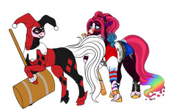 Size: 2099x1359 | Tagged: safe, artist:malinraf1615, derpibooru import, oc, oc only, oc:painted lilly, oc:strawberry quinn, earth pony, pony, 2022 community collab, alternate hairstyle, baseball bat, bedroom eyes, belt, bisexual pride flag, blushing, boots, bracelet, clothes, coat markings, cosplay, costume, dc comics, derpibooru community collaboration, duo, ear piercing, earring, eyeshadow, female, fishnets, freckles, gloves, hammer, harley quinn, jester, jewelry, lesbian, lipstick, makeup, mallet, mare, mask, multicolored hair, nonbinary, nonbinary pride flag, nose piercing, nose ring, oc x oc, piercing, pride, pride flag, raised hoof, raised leg, shipping, shirt, shoes, shorts, simple background, t-shirt, tail, tail seduce, tattoo, torn clothes, transparent background, wristband