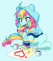 Size: 3900x4516 | Tagged: safe, artist:dstears, derpibooru import, oc, oc only, earth pony, pony, absurd resolution, blue background, clothes, earth pony oc, eyebrows, eyebrows visible through hair, female, heterochromia, hoodie, mare, mouth hold, oc name needed, paint, paintbrush, painting, picarto, ponified, simple background, sitting, smiling, solo, underhoof