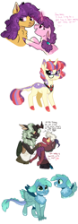 Size: 2048x5885 | Tagged: safe, artist:moccabliss, derpibooru import, moondancer, sugar belle, oc, oc:aztec, oc:jube bug, pony, alicorn amulet, interspecies offspring, offspring, parent:big macintosh, parent:cosmos, parent:discord, parent:gabby, parent:spike, parent:sugar belle, parents:coscord, parents:spabby, parents:sugarmac, simple background, white background