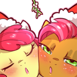 Size: 1159x1159 | Tagged: safe, artist:cold-blooded-twilight, derpibooru import, apple bloom, babs seed, earth pony, pony, bedroom eyes, blushing, cheek to cheek, christmas, cousins, duo, duo female, eyes closed, female, females only, filly, foal, freckles, hat, holiday, kissy face, looking at you, mistletoe, santa hat, simple background, transparent background