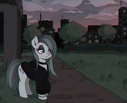 Size: 1920x1561 | Tagged: safe, artist:nathayro37, derpibooru import, marble pie, earth pony, pony, alone, choker, chromatic aberration, clothes, female, hoodie, mare, rain, solo