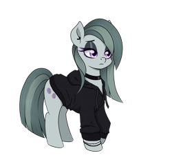Size: 1400x1315 | Tagged: safe, alternate version, artist:nathayro37, derpibooru import, marble pie, earth pony, pony, alone, choker, clothes, ear piercing, earring, emo, eyeshadow, female, frown, hoodie, jewelry, makeup, mare, piercing, simple background, solo, transparent background