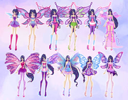 Size: 1280x996 | Tagged: safe, artist:ariel-luwer, derpibooru import, sci-twi, twilight sparkle, human, equestria girls, alternate hairstyle, bare shoulders, believix, bloomix, blue wings, boots, butterflix, clothes, colored wings, crossover, dress, enchantix, fairy, fairy wings, fairyized, fingerless gloves, fins, flower, flower in hair, glasses, gloves, gradient wings, hairstyle, harmonix, high heel boots, high heels, long gloves, lovix, magic wand, magic winx, mythix, pink wings, purple wings, shoes, sirenix, sophix, sparkly wings, strapless, tynix, wings, winx, winx club, winxified