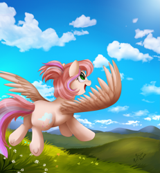 Size: 2855x3087 | Tagged: safe, artist:pridark, derpibooru import, oc, oc only, oc:sweet skies, pegasus, pony, cloud, female, field, flower, flying, looking up, mare, mountain, open mouth, open smile, outdoors, scenery, smiling, solo, spread wings, wings