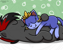 Size: 1000x800 | Tagged: safe, artist:pokefound, oc, oc:varan, cat, earth pony, pony, cuddling, female, hug, league of legends, male, sleeping, yuumi