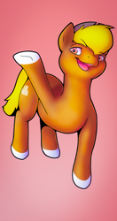 Size: 1080x2048 | Tagged: safe, artist:barnnest, oc, oc only, oc:acres, earth pony, pony, blonde, blonde mane, blonde tail, brown coat, coat markings, cute, earth pony oc, gradient background, looking at you, male, open mouth, smiling, socks (coat marking), solo, stallion, waving