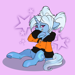 Size: 800x800 | Tagged: safe, edit, editor:edits of hate, trixie, pony, unicorn, blushing, clothes, female, flag, fluffy, hoodie, looking at you, mare, pride, pride flag, purple background, simple background, solo, super straight
