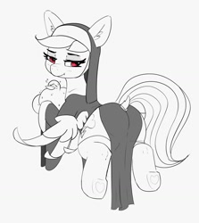 Size: 1502x1683 | Tagged: safe, artist:pabbley, derpibooru import, rainbow dash, bird, duck, pegasus, pony, :t, butt, clothes, cosplay, dock, ear fluff, ears, eyes closed, female, flying, grayscale, holding, lidded eyes, little nuns, looking at you, looking back, looking back at you, mare, monochrome, neo noir, nun, partial color, plot, rainbutt dash, simple background, solo, spread wings, stockings, tail, thigh highs, white background