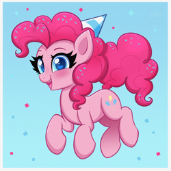 Size: 4000x4000 | Tagged: safe, artist:confetticakez, derpibooru import, pinkie pie, earth pony, pony, blushing, colored pupils, cute, diapinkes, female, food, hat, mare, open mouth, party hat, solo, sprinkles