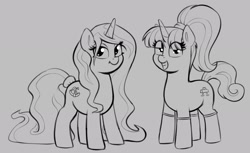 Size: 2382x1462 | Tagged: safe, artist:heretichesh, derpibooru import, oc, oc only, oc:zew, oc:zippi, pony, unicorn, bedroom eyes, duo, eye clipping through hair, female, gray background, grayscale, grin, horn, looking at you, mare, monochrome, older, simple background, smiling, smiling at you, unicorn oc