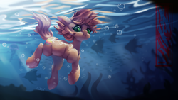 Size: 3000x1688 | Tagged: safe, artist:theprince, derpibooru import, oc, oc only, earth pony, fish, pony, bubble, commission, crepuscular rays, flowing mane, flowing tail, green eyes, high res, holding breath, looking at you, ocean, puffy cheeks, seaweed, signature, solo, sunlight, swimming, tail, underwater, water