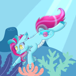 Size: 1280x1280 | Tagged: safe, artist:starlight-j, derpibooru import, oc, oc only, hybrid, merpony, bubble, cloven hooves, coral, crepuscular rays, ear fluff, ears, female, fins, golden eyes, ocean, pink mane, pink tail, scales, smiling, solo, sunlight, swimming, tail, underwater, water