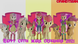 Size: 3840x2160 | Tagged: safe, artist:optimussparkle, derpibooru import, apple bloom, scootaloo, sweetie belle, earth pony, pegasus, pony, unicorn, equestria girls, 3d, cmc day, cutie mark crusaders, older, older apple bloom, older scootaloo, older sweetie belle, source filmmaker