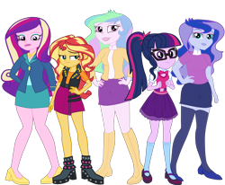 Size: 6675x5500 | Tagged: safe, artist:gmaplay, derpibooru import, dean cadance, princess cadance, princess celestia, princess luna, principal celestia, sci-twi, sunset shimmer, twilight sparkle, vice principal luna, equestria girls, alternate design, clothes, simple background, socks, stockings, thigh highs, transparent background