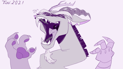 Size: 1920x1080 | Tagged: safe, artist:beefgummies, derpibooru import, discord, draconequus, 2021, antlers, beard, emanata, evil laugh, eyes closed, facial hair, fangs, laughing, male, maniacal laugh, monochrome, paws, purple background, simple background, solo, talons