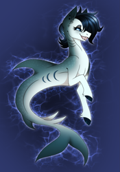 Size: 1259x1801 | Tagged: safe, artist:xxmysticaldreamsxx, derpibooru import, oc, oc only, hybrid, merpony, original species, seapony (g4), shark, shark pony, blue background, blue mane, colored pupils, dorsal fin, fangs, fish tail, flowing tail, gills, gray eyes, lidded eyes, simple background, smiling, solo, tail, teeth, underwater, water