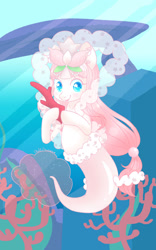 Size: 1024x1639 | Tagged: safe, artist:isabaeart, derpibooru import, oc, oc only, merpony, seapony (g4), blue eyes, coral, female, fish tail, flowing mane, flowing tail, looking at you, mermaid tail, mermay, ocean, pink mane, ribbon, smiling, solo, sunlight, tail, underwater, water, wingding eyes