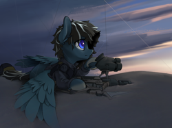 Size: 2732x2048 | Tagged: safe, artist:blue ink, derpibooru import, oc, oc only, oc:wind swing, pegasus, pony, clothes, frog (hoof), gun, jacket, lying down, prone, scope, scp foundation, solo, underhoof, weapon