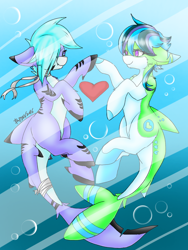 Size: 768x1024 | Tagged: safe, artist:midnightglow20, derpibooru import, oc, oc only, original species, shark, shark pony, blue background, blue mane, bubble, commission, crepuscular rays, dorsal fin, fish tail, gills, heart, looking at each other, ocean, pink eyes, signature, simple background, smiling, sunlight, swimming, tail, underwater, water, ych result