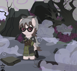 Size: 4148x3806 | Tagged: safe, artist:devorierdeos, derpibooru import, oc, oc only, oc:mousehilda, earth pony, fallout equestria, armor, army, army equipment, army uniform, boxes, cactus, clothes, cloud, dry trees, earth pony oc, fog, glasses, gun, handgun, log, military uniform, pistol, pouch, ribbon, stone, tree, uniform, valley, weapon