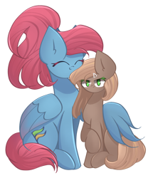 Size: 1550x1800 | Tagged: safe, artist:miryelis, derpibooru import, oc, oc only, oc:rainven wep, oc:shenn brale, earth pony, pegasus, pony, 2022 community collab, derpibooru community collaboration, hug, simple background, smiling, transparent background