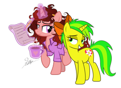 Size: 6000x4360 | Tagged: safe, artist:kaitykat117, derpibooru import, oc, oc only, oc:flower love(kaitykat), oc:paige scribble(kaitykat), pony, unicorn, 2022 community collab, absurd resolution, base used, bipedal, bow, clothes, couple, derpibooru community collaboration, duo, duo female, eyelashes, female, full body, glowing, glowing horn, green eyes, hair bow, horn, lidded eyes, magic, mare, mug, pencil, pink eyes, show accurate, signature, simple background, standing, tail, telekinesis, transparent background, two toned mane, two toned tail, unicorn oc, vector