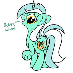 Size: 2000x2000 | Tagged: safe, artist:dafiltafish, derpibooru import, lyra heartstrings, pony, unicorn, butt, butts, dialogue, female, golden eyes, high res, horn, looking back, lyrebutt, mare, open mouth, open smile, plot, raised hoof, raised leg, simple background, smiling, solo, standing, tail, text, two toned mane, two toned tail, underhoof, white background