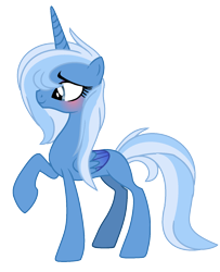 Size: 1256x1544 | Tagged: safe, artist:venomous-cookietwt, derpibooru import, oc, oc only, alicorn, pony, alicorn oc, blushing, female, folded wings, full body, horn, mare, not trixie, offspring, parent:jack pot, parent:princess luna, raised hoof, raised leg, show accurate, simple background, smiling, solo, standing, tail, transparent background, two toned mane, two toned tail, wings