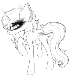 Size: 2755x3011 | Tagged: safe, artist:beamybutt, derpibooru import, oc, oc only, pony, unicorn, ear fluff, ears, eyelashes, horn, lineart, monochrome, raised hoof, raised leg, smiling, solo, unicorn oc